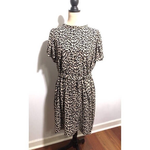 Loft Dress Womens XL Brown Black Leopard Print Babydoll Ruffle Flutter Sleeve - Picture 2 of 16